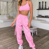 Women's Two Piece Sleeveless Crop Top and Cargo Pants Set