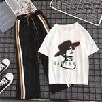 Women's Casual T Shirt + Striped Long Elastic Waist Sport Pants Two-Piece Set