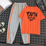 Women's Casual T Shirt + Striped Long Elastic Waist Sport Pants Two-Piece Set