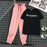 Women's Casual T Shirt + Striped Long Elastic Waist Sport Pants Two-Piece Set