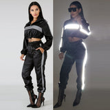 Reflective Drawstring Crop Top and Pants Outfit Tracksuit Two Piece Set