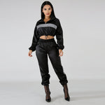 Reflective Drawstring Crop Top and Pants Outfit Tracksuit Two Piece Set