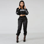 Reflective Drawstring Crop Top and Pants Outfit Tracksuit Two Piece Set