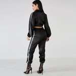 Reflective Drawstring Crop Top and Pants Outfit Tracksuit Two Piece Set