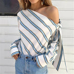 Women Casual One Shoulder Loose Striped Shirt Top