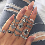 15Pcs Flower Crystal Crown Silver Ring Set