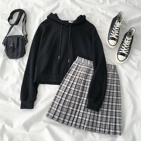 Women's Hoodie + Plaid Skirt Two-Piece Suit