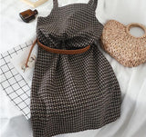 Women's Black Slim Turtleneck Pullovers + Plaid Strap High Waist Dress Two-Piece Set