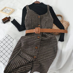 Women's Black Slim Turtleneck Pullovers + Plaid Strap High Waist Dress Two-Piece Set