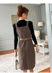 Women's Black Slim Turtleneck Pullovers + Plaid Strap High Waist Dress Two-Piece Set