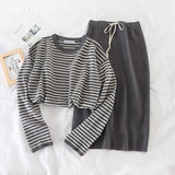 Women's Two-Piece Striped Long Sleeve Top + High Waist Slim Vintage Skirt