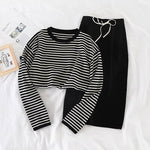 Women's Two-Piece Striped Long Sleeve Top + High Waist Slim Vintage Skirt