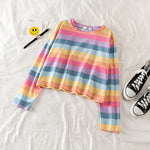 Women's Colourful Striped O Neck Shirt + High Waist Wide Leg Jeans Two-Piece Set