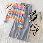 Women's Colourful Striped O Neck Shirt + High Waist Wide Leg Jeans Two-Piece Set