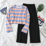 Women's Two-Piece Wide-Leg Pants + Long-Sleeved Striped T-Shirt