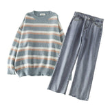 Women's Two-Piece Striped Pullover Sweater + High Waist Jeans