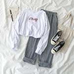 Women's Two-Piece Long-Sleeved T-Shirt + Plaid Casual Trousers