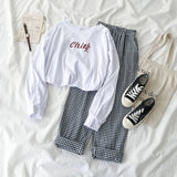 Women's Two-Piece Long-Sleeved T-Shirt + Plaid Casual Trousers