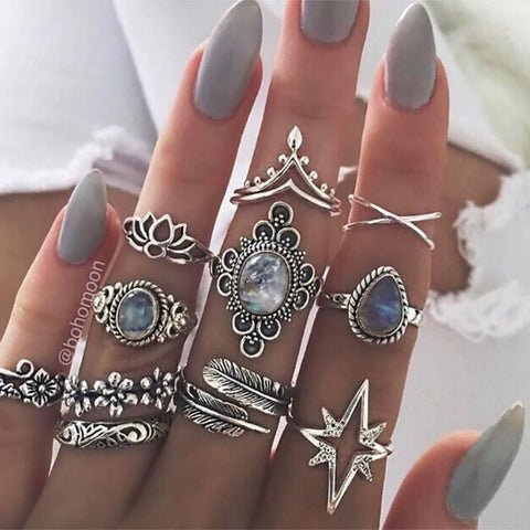 11Pcs Vintage Lotus Flower Crystal Finger Ring Set