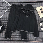 Women's Tracksuit Black Hooded Long Sleeve Top +  Striped Pants Streetwear Two-Piece Set