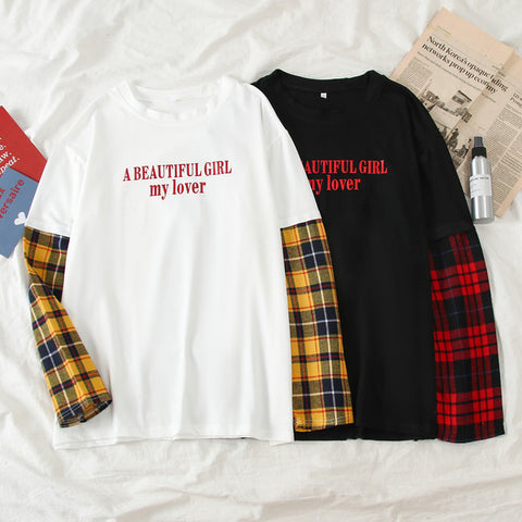 Loose Casual Long Sleeve Plaid Patchwork T-Shirt