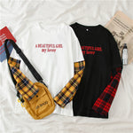 Loose Casual Long Sleeve Plaid Patchwork T-Shirt