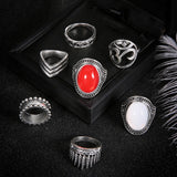 7pcs/Set Vintage Silver Leaf Wave Stone Rings Set