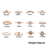 12Pcs Vintage Water-drop Crystal Crown Ring Set