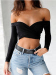 Women's Off Shoulder Slim Long Sleeved Crop Top