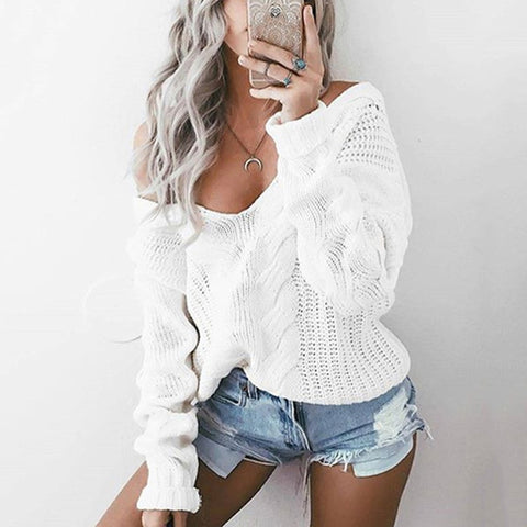 Women's Off Shoulder Twist Knitted V-neck Pullover Sweater