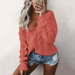 Women's Off Shoulder Twist Knitted V-neck Pullover Sweater