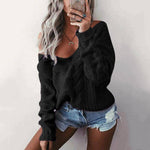 Women's Off Shoulder Twist Knitted V-neck Pullover Sweater