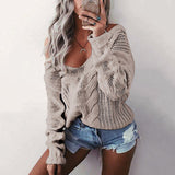 Women's Off Shoulder Twist Knitted V-neck Pullover Sweater