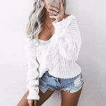 Women's Off Shoulder Twist Knitted V-neck Pullover Sweater