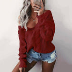 Women's Off Shoulder Twist Knitted V-neck Pullover Sweater