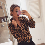 Women Leopard Print Long Sleeve Button V Neck