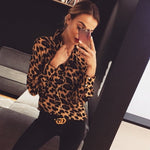 Women Leopard Print Long Sleeve Button V Neck