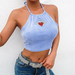 Women's Summer Sleeveless Embroidery Lace Up Crop Top