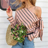 Women Casual One Shoulder Loose Striped Shirt Top