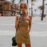 Yellow Black Plaid Women 2 Pcs Set Strapless Top