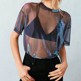 Women See through Sheer Mesh Short Sleeve Top