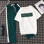 Women's Casual T Shirt + Striped Long Elastic Waist Sport Pants Two-Piece Set