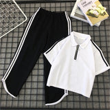 Women's Striped Casual Streetwear Tracksuit T-shirt + Elastic Waist Pants